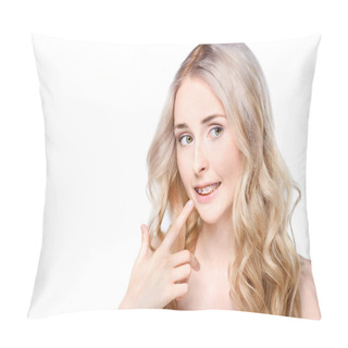 Personality  Woman Pointing To Teeth With Braces Pillow Covers