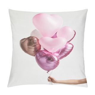 Personality  Cropped View Of Girl Holding Heart-shaped Pink Air Balloons Isolated On White Pillow Covers