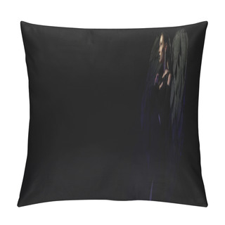 Personality  Side View Of Woman In Costume Of Fallen Angel Praying On Black Backdrop, Demonic Beauty, Banner Pillow Covers