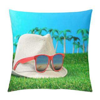 Personality  Hat With Sunglasses On Grass Pillow Covers