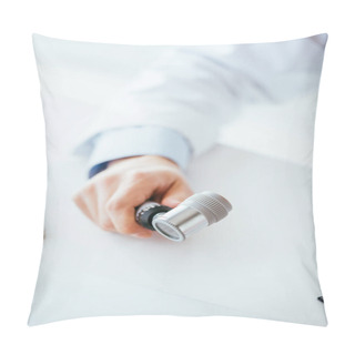 Personality  Cropped View Of Dermatologist Holding Dermatoscope In Hand  Pillow Covers