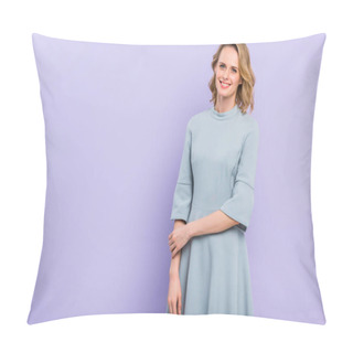 Personality  Smiling Blonde Woman Isolated On Violet Pillow Covers