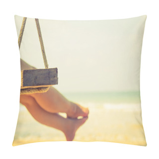 Personality  Woman Leg  On A Swing At Tropical Sea Beach Pillow Covers