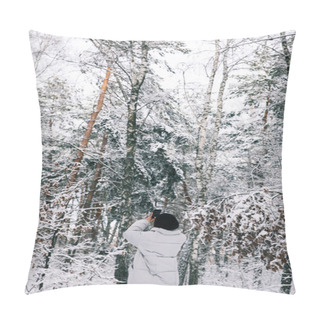 Personality  Back View Of Woman Taking Photo Of Snowy Forest By Smartphone Pillow Covers