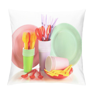 Personality  Multicolored Plastic Tableware Isolated On White Pillow Covers