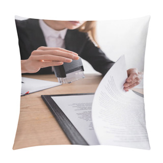 Personality  Partial View Of Lawyer Holding Stamper Near Contract On Blurred Background Pillow Covers