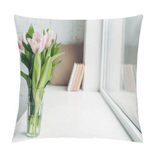 Personality  Bouquet Of Pink Tulips In Glass On Windowsill With Books Pillow Covers