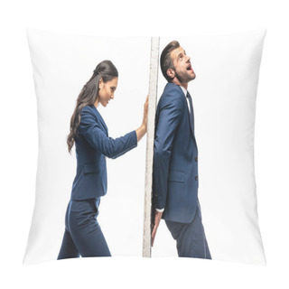 Personality  Businessman And Businesswoman In Formal Wear Pushing Wall Isolated On White Pillow Covers
