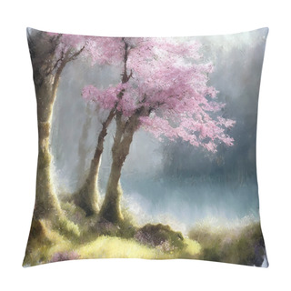 Personality  Picturesque Spring Landscape With Lush Blooming Pink Sakura Cherry Tree In Full Blossom In Tranquil Japanese Garden. My Own Impressionist Digital Art Painting Illustration. Pillow Covers