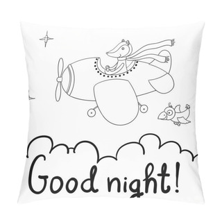 Personality Awesome Cute Cartoon Fox Pilot Flying On The Airplane. Good Night! Little Cartoon Crow And Smiling Stars. Vector Illustration, Isolated On White Background. Pillow Covers