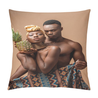 Personality  Sexy Naked Tribal Afro Woman Covered In Blanket Posing With Pineapple Near Man On Beige Pillow Covers