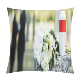 Personality  Panoramic Shot Of White Flowers And Cemetery Urn On Tombstone Pillow Covers
