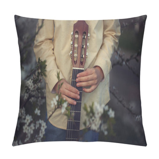 Personality  Kids Hands Holding Guitar On Nature Background Pillow Covers