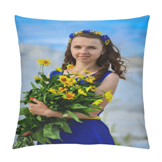 Personality  Beautiful Cute Girl In Long Blue Dress With Bouquet Of Yellow Flowers In Wreath With Flowers.Portrait Of Beautiful, Attractive, Cute, Delightful, Wonderful Ukrainian Girl With Beautiful Bouquet Of Flowers: Yellow Daisies. Cheerful Girl, Smiling Girl. Pillow Covers