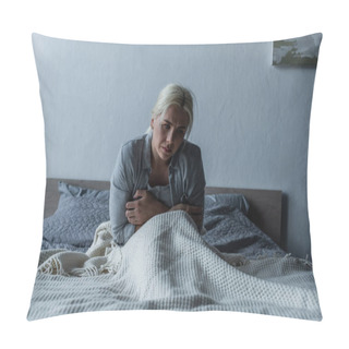 Personality  Depressed Woman With Blue Eyes Feeling Unwell During Menopause While Sitting In Bed Pillow Covers