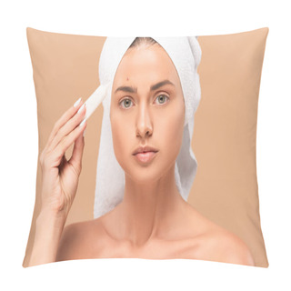 Personality  Naked Girl In Towel Holding Treatment Cream Near Face With Problem Skin Isolated On Beige  Pillow Covers