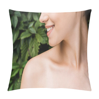 Personality  Smile Of Young Beautiful Woman With Green Leaves At Background  Pillow Covers