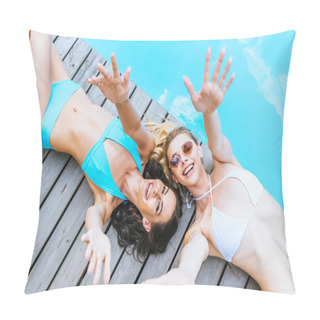Personality  Top View Of Happy Young Women In Sunglasses And Swimwear Reaching Arms And Smiling At Camera Near Pool Pillow Covers