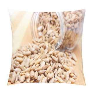 Personality  Heap Of Sunflower Seeds In Glass Jar On Wooden Cutting Board Pillow Covers