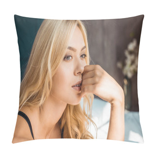 Personality  Portrait Of Pensive Attractive Woman In Black Lingerie Looking Away In Bedroom Pillow Covers