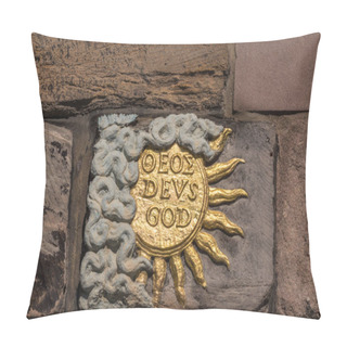 Personality  Edinburgh, Scotland, UK - June 13, 2012: Closeup Of Golden Sun, Named God And Deus, On Facade Of John Knox House, A Protestant Reformer. Pillow Covers