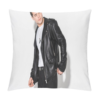 Personality  Stylish Man In Leather Jacket Standing On White  Pillow Covers