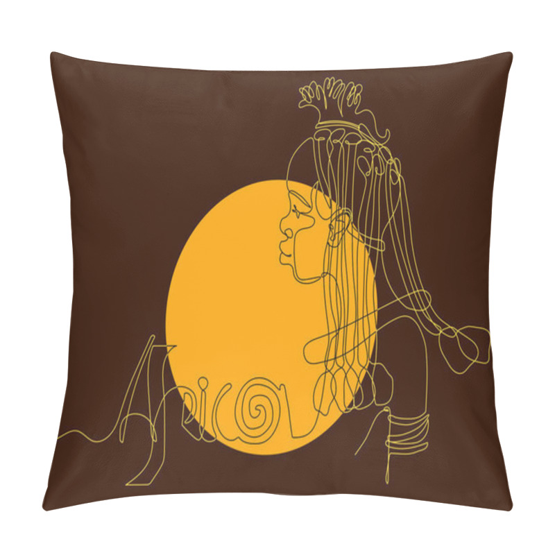 Personality  Head of cute beautiful black african girl, tribe woman himba, for logo, tourist posters, cards color vector illustration with contour lines on dark brown background in one line drawing style. Sun with Africa inscription.  pillow covers