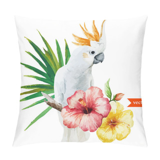 Personality  White Parrot, Hibiscus, Tropical, Palm Trees, Flowers, Pattern, Wallpaper Pillow Covers