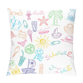 Personality  Summer Time. Hand Drawings Of Summer Vacancies Symbols. Colorful Doodle Boats, Ice Cream, Palms, Hat, Umbrella, Jellyfish, Cocktail, Sun Pillow Covers