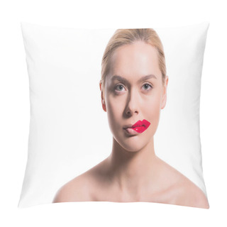 Personality  Beautiful Woman With Red Lips Print On Cheek Isolated On White Pillow Covers