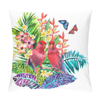 Personality  Two Red Parrots And A Beautiful Bouquet Of Tropical Hibiscus Flowers, Orchids, Palms And Banana Leaves, Couple Of Birds, Couple Of Butterflies Flying. Watercolour Realistic Illustration Pillow Covers