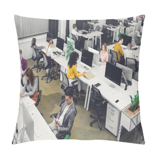 Personality  High Angle View Of Young Multiethnic Businesspeople Working In Open Space Office Pillow Covers
