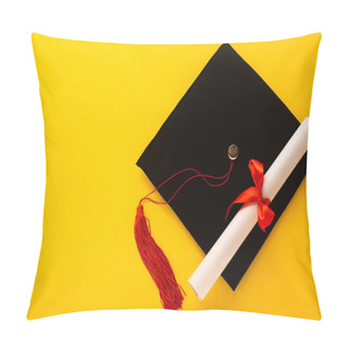 Personality  Top View Of Black Graduation Cap With Red Tassel With Diploma On Top On Yellow Background Pillow Covers