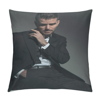 Personality  Cool Fashion Businessman In Elegant Tuxedo Posing With Hand In Pocket And Sensually Touching Cheek On Grey Background Pillow Covers