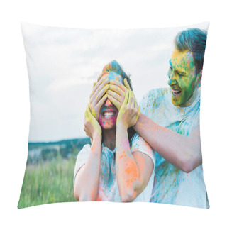 Personality  Happy Young Man Smiling While Covering Face Of Woman With Holi Paints On Face  Pillow Covers