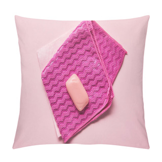 Personality  Top View Of Pink Rags And Soap On Pink Background  Pillow Covers
