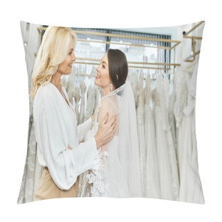 Personality  A Young Brunette Bride And Her Middle-aged Mother Are Standing Next To Each Other In Front Of A Rack Of Dresses In A Bridal Salon. Pillow Covers
