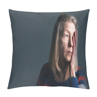Personality  Worried Elderly Woman Holding Hand Over Her Face And Looking Through The Window. Loneliness Or Eye Problems Pillow Covers