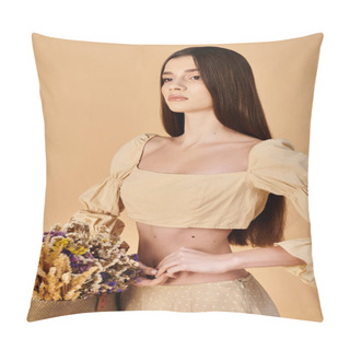 Personality  A Young Woman With Long Brunette Hair Poses In A Crop Top, Holding A Vibrant Bouquet Of Flowers In A Studio Setting. Pillow Covers