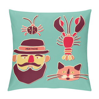 Personality  Cartoon Beetle, Crayfish, Cat And Man With Mustache. Vector Illustration. Pillow Covers