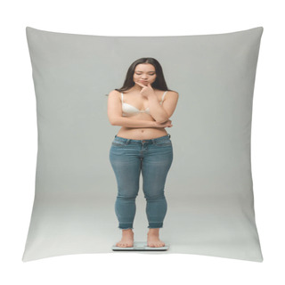 Personality  Pensive Asian Overweight Woman Standing On Scales And Thinking On Grey Pillow Covers