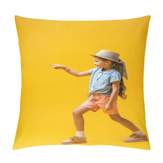 Personality  Full Length Of Happy Kid With Temporary Tattoo On Hand Pointing With Finger On Yellow Pillow Covers