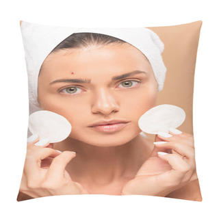Personality  Young Woman With Pimple On Face Holding Cotton Pads Isolated On Beige  Pillow Covers