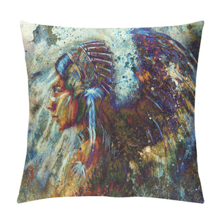 Personality  Indian Woman Wearing  Feather Headdress And Abstract Color Collage Pillow Covers