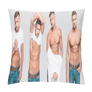 Personality  Collage Of Handsome Man Taking Off White T-shirt And Stripping Torso On Gray Background Pillow Covers