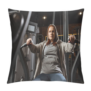 Personality  Selective Focus Of Confident Overweight Girl Doing Arms Extension Exercise On Fitness Machine  Pillow Covers