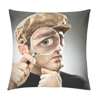 Personality  Curious Man Look With Magnifier Glass On Grey Background Pillow Covers