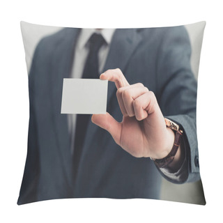Personality  Cropped View Of Businessman In Formal Wear Showing Empty Business Card At Camera Pillow Covers
