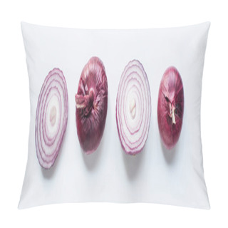 Personality  Top View Of Cut And Whole Red Onion On White Background, Panoramic Shot Pillow Covers
