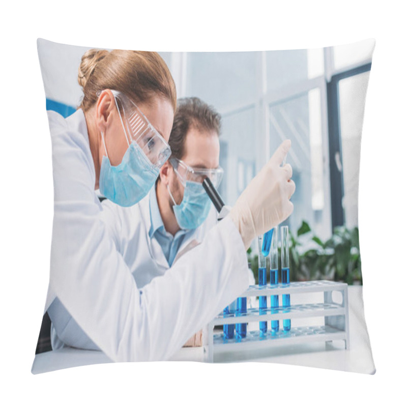 Personality  Researchers In White Coats And Medical Masks Working With Reagents Together In Lab Pillow Covers